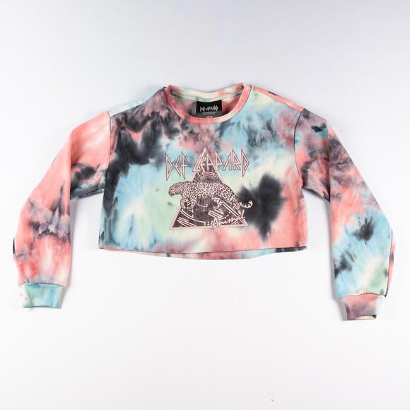 Def Leppard XS Tie-Dye Crop Sweatshirt Distressed Crewneck Band Tee - Picture 1 of 6